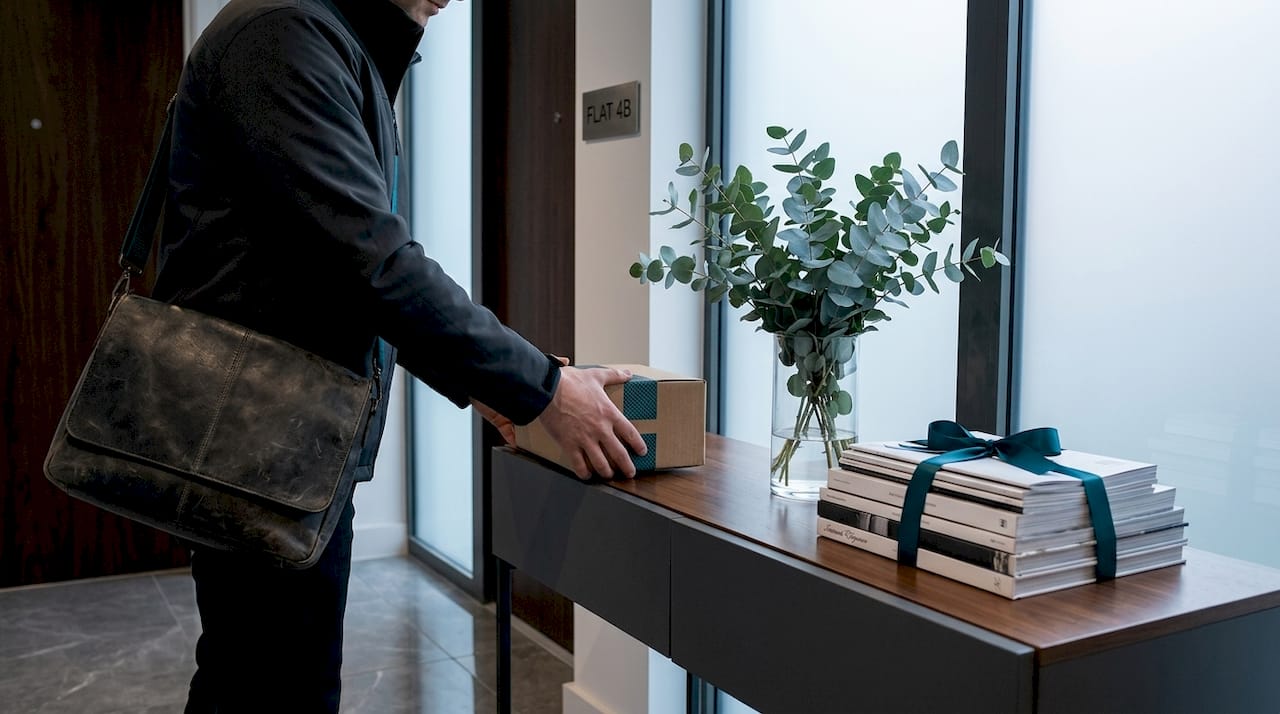Courier delivers discreet package at apartment entry