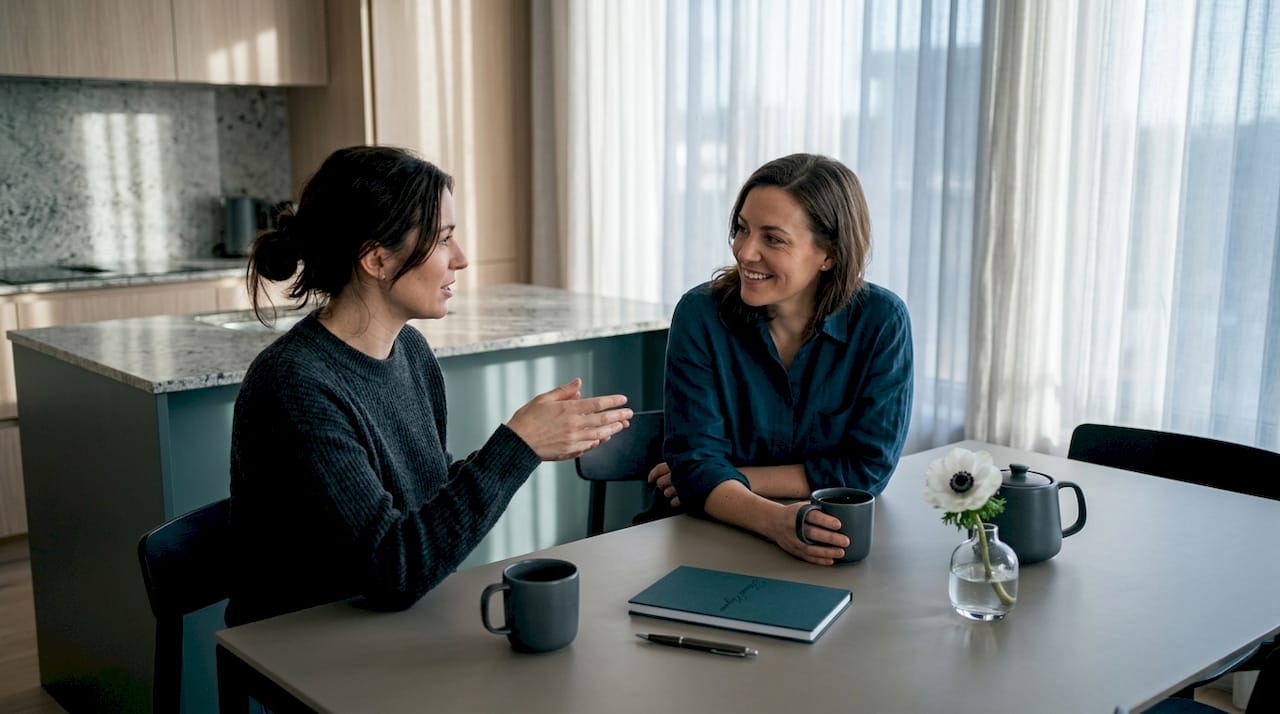 Friends sharing honest conversation at kitchen table