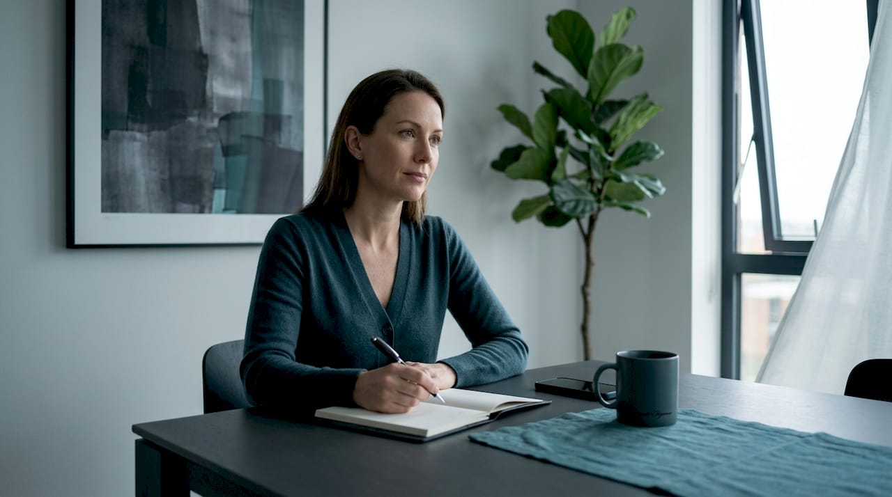 Woman journaling in home dining area