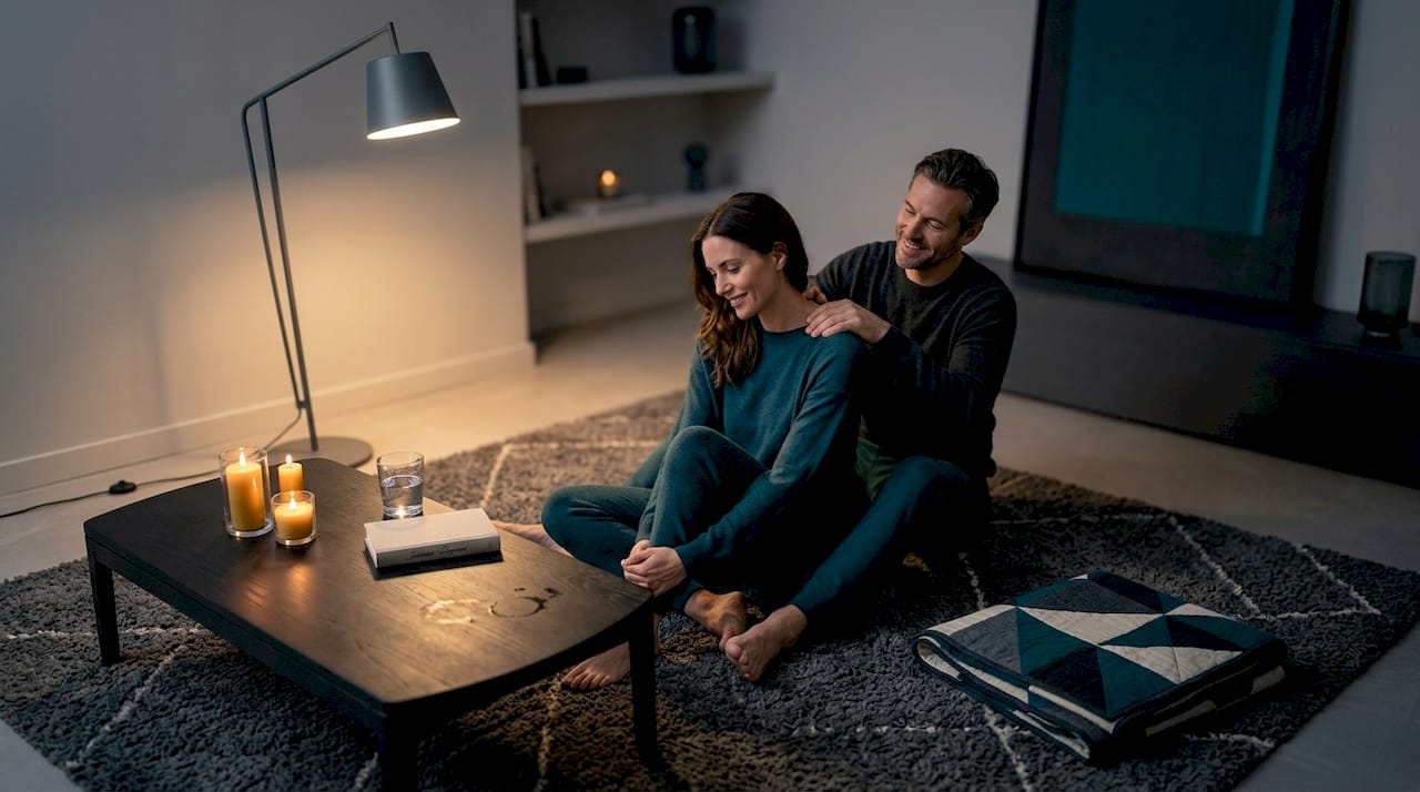 Couple enjoying shoulder massage at home