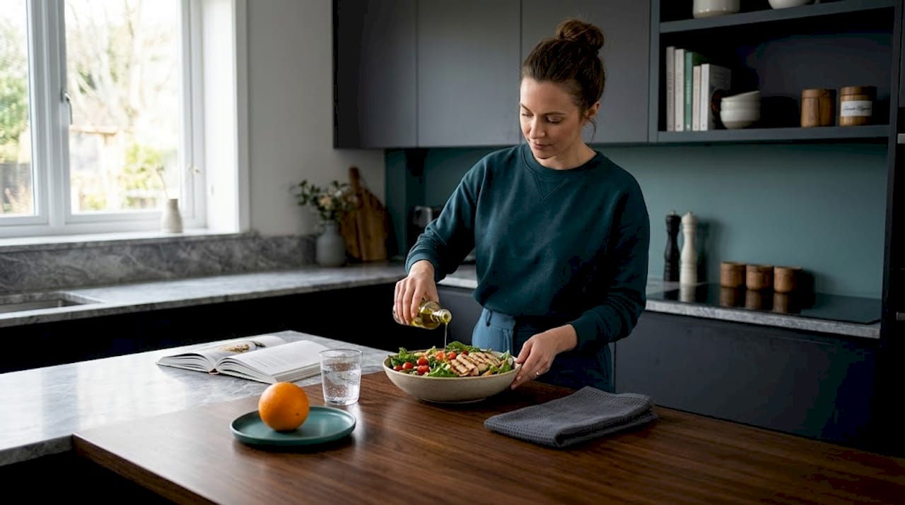 Woman preparing healthy salad in bright kitchen