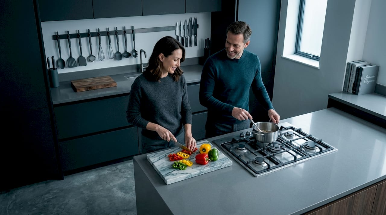 Couple cooking side by side in kitchen