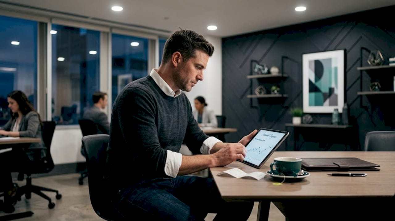 Analyst studying sales report on tablet