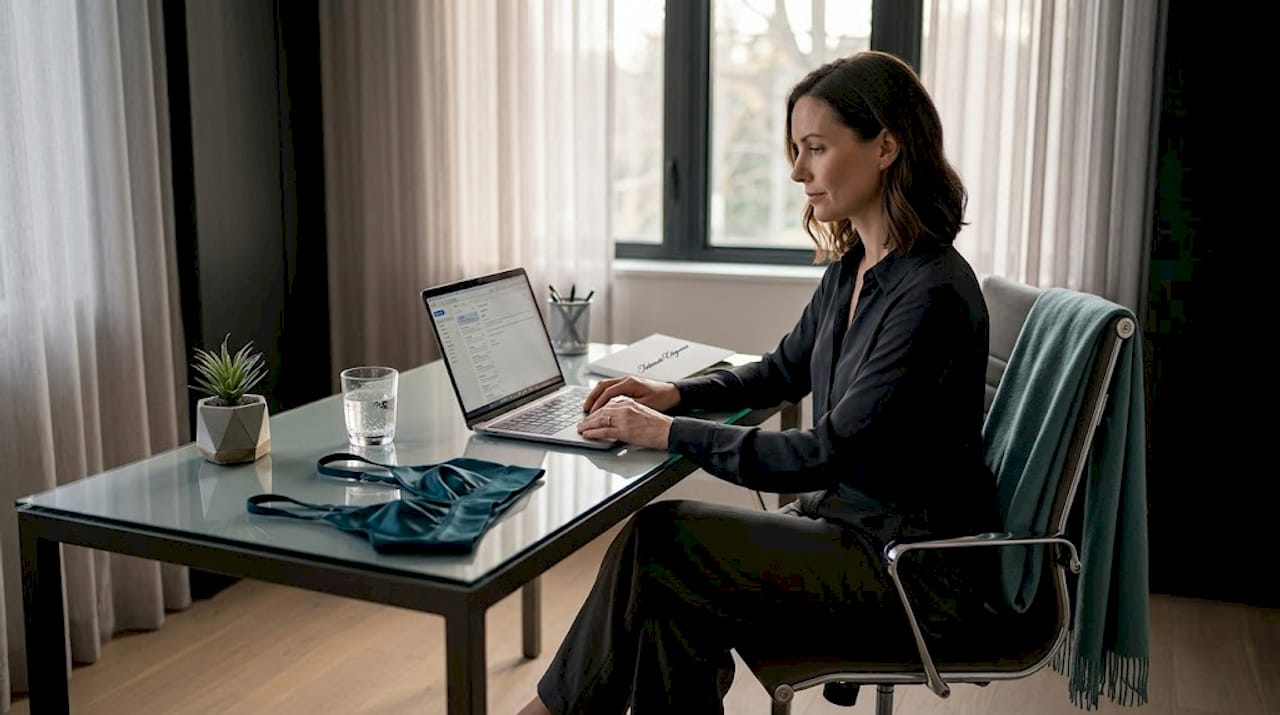 Woman multitasks with silk bralette nearby