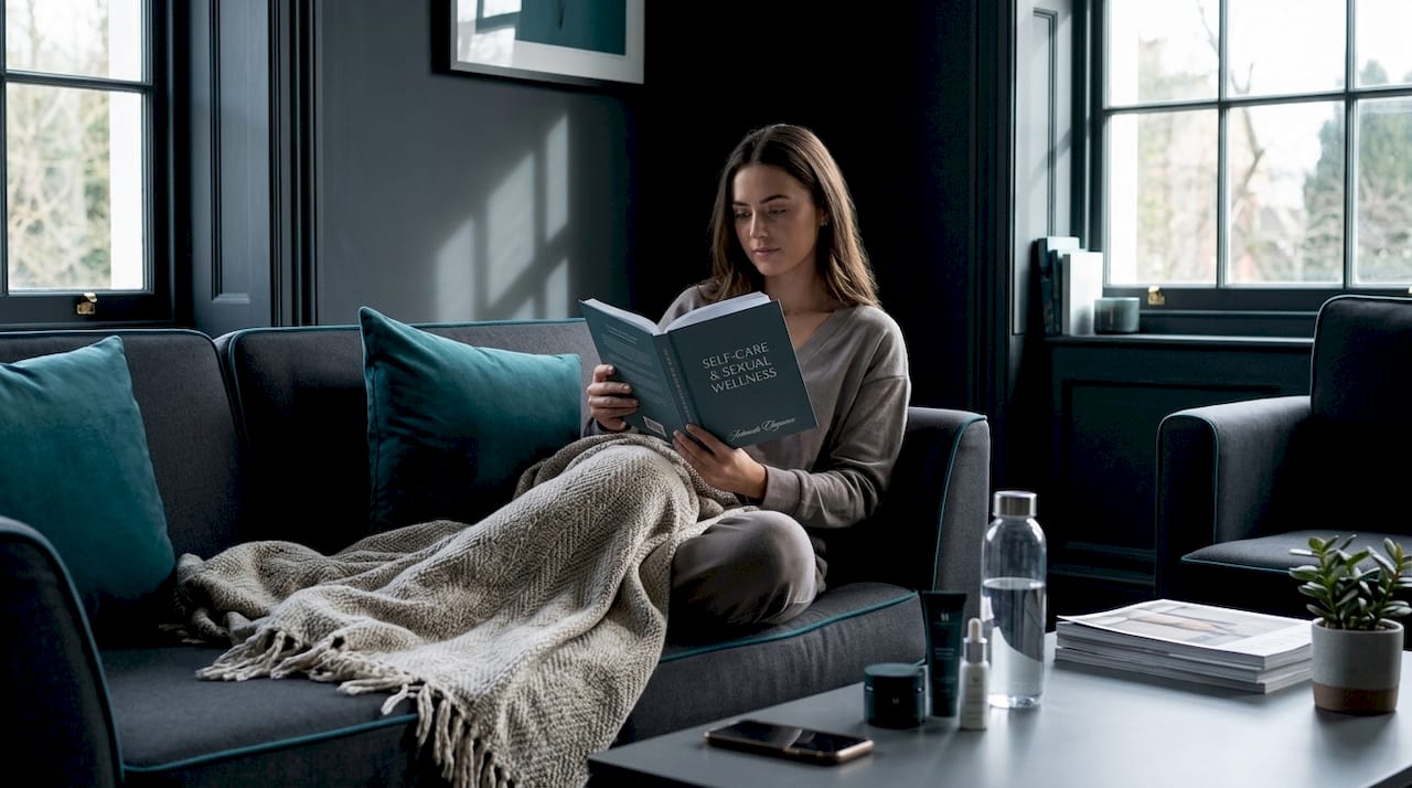 Woman reading wellness guide at home