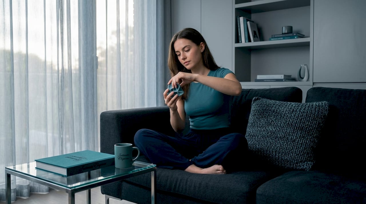 Woman testing silicone toy feel on sofa
