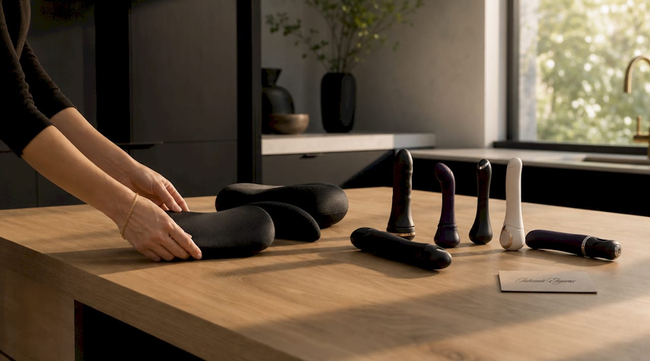 Overhead view comparing pleasure accessories and sex toys on desk