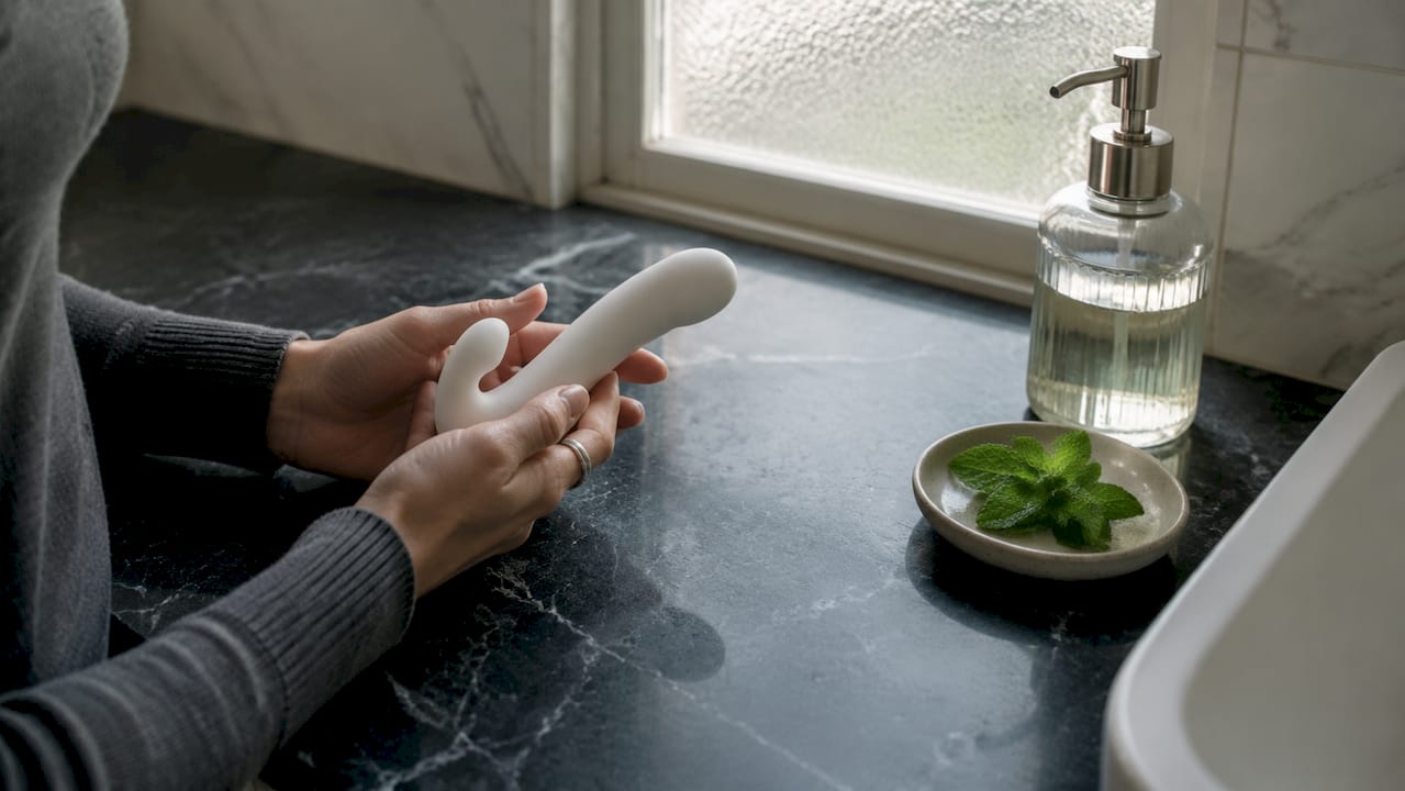 Hands holding medical-grade silicone pleasure product safely