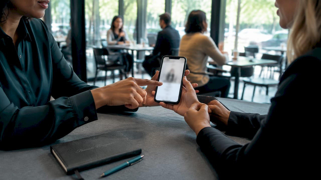 Hands analyzing product description on smartphone