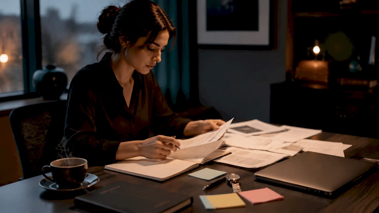 Overhead view of researcher’s study notes and workspace