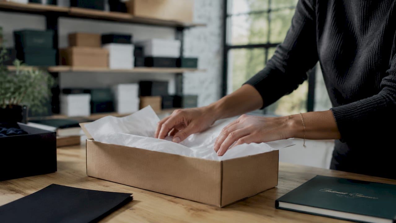 Hands packing unbranded box for discreet delivery