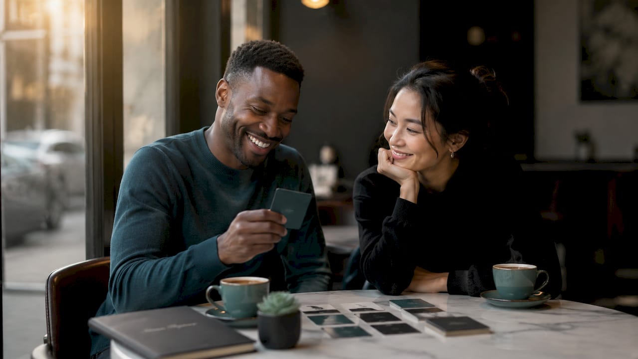 Couple discussing while playing conversation card game
