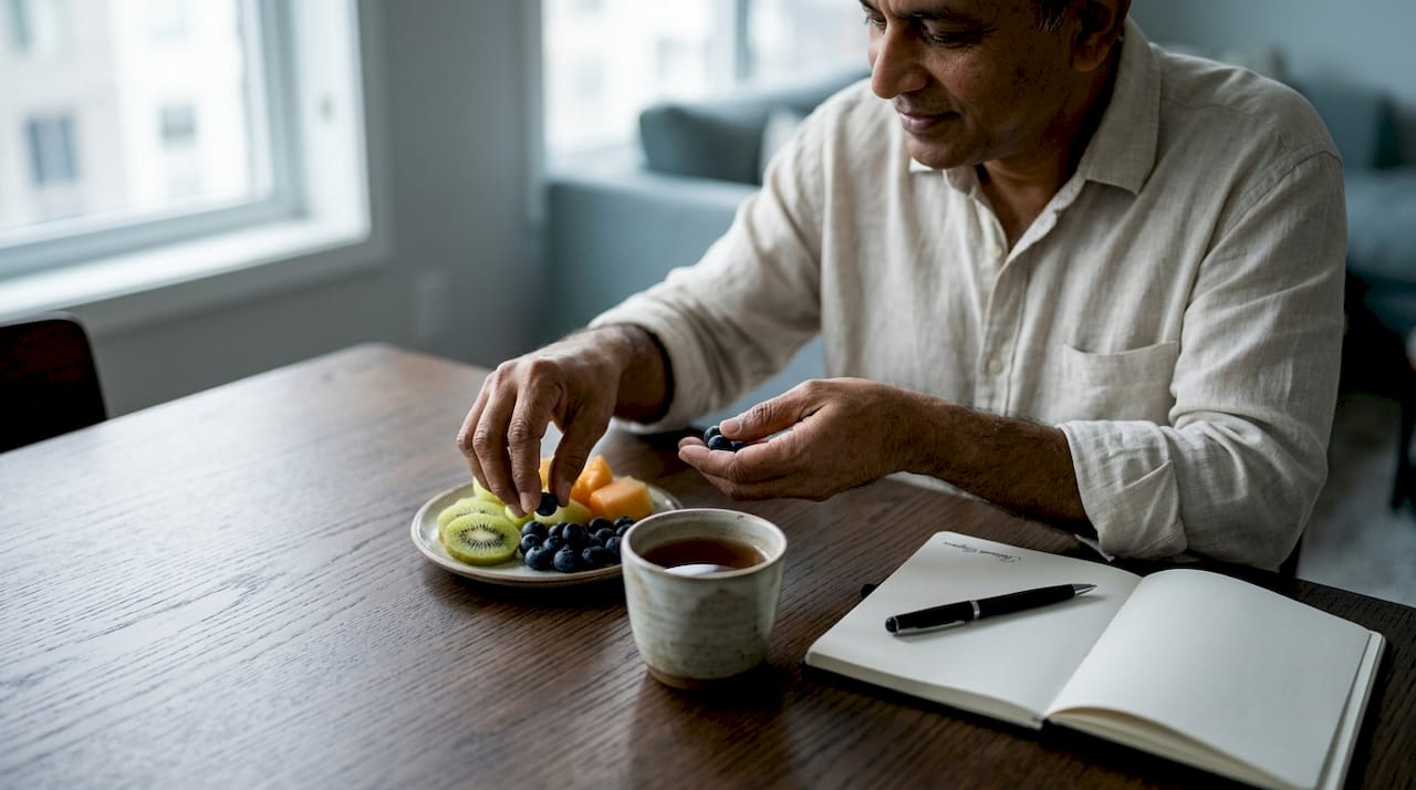 Man preparing fresh fruit bowl for pleasure ritual
