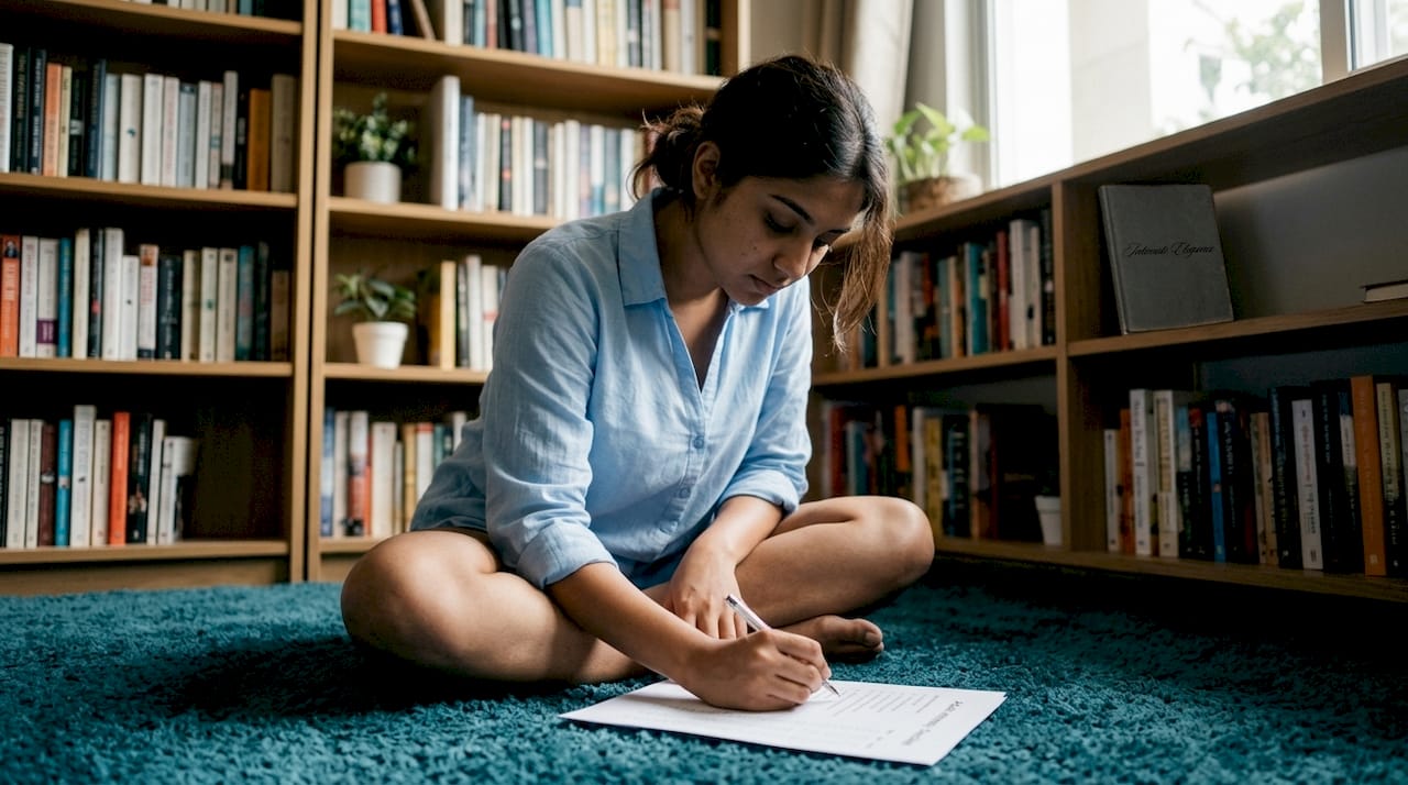 Woman completing intimacy checklist alone at desk