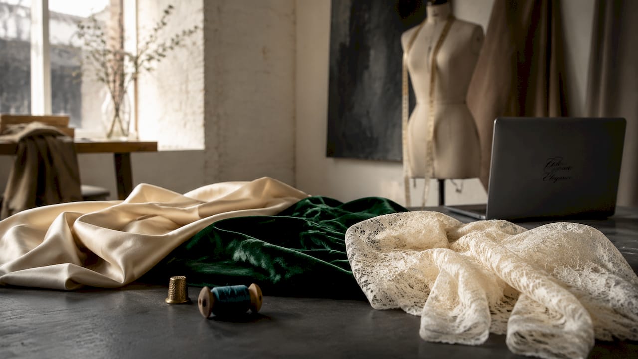 Flat lay of silk, velvet, and lace fabric textures