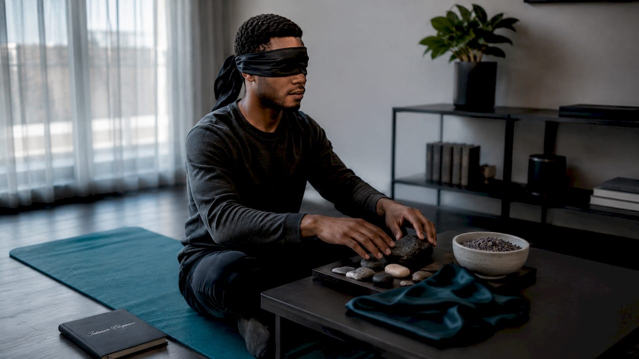 Man exploring tactile senses blindfolded