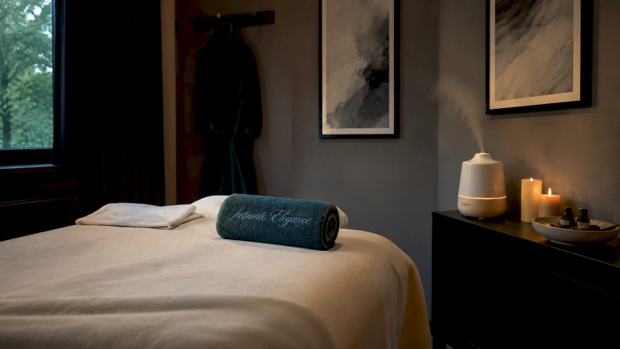 Cozy massage room with warm lighting and oils