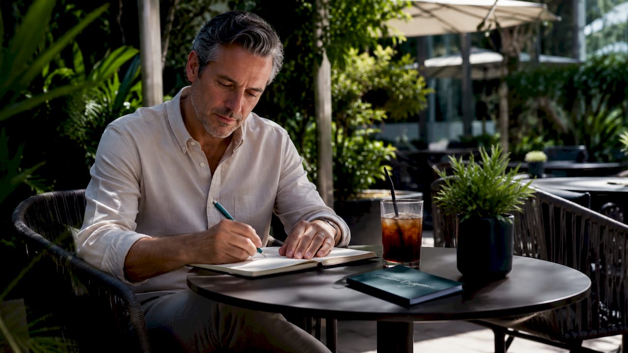 Man journaling daily pleasures in café