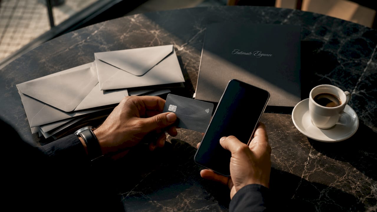 Hands with credit card and phone for discreet payment