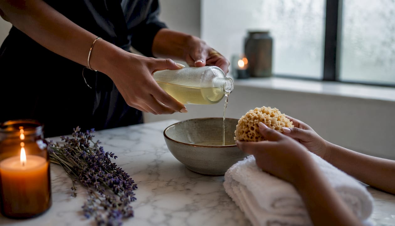 Hands preparing massage oil and sponge for routine