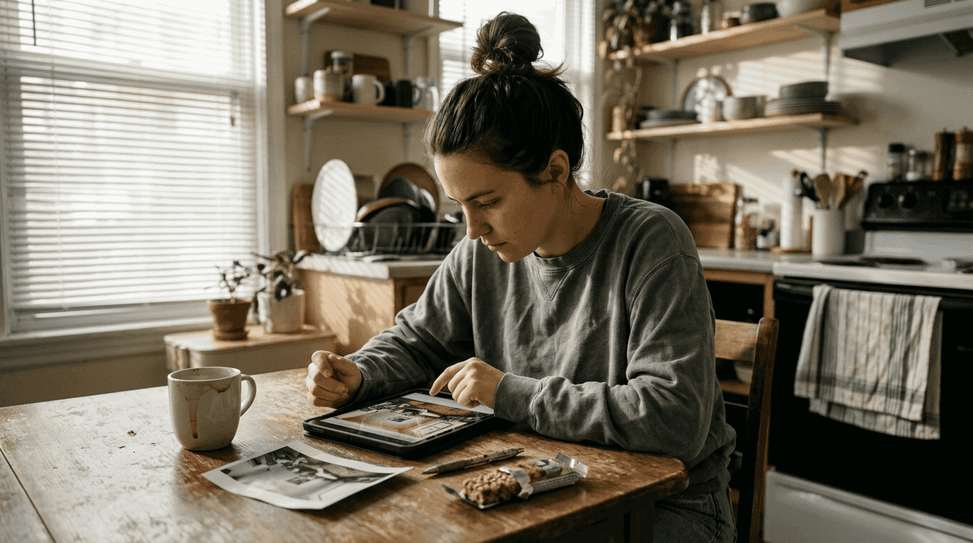 Woman reviewing over-edited home photos
