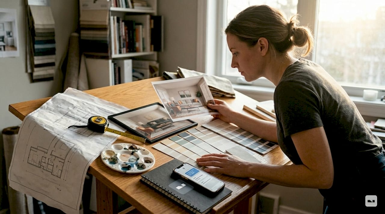 Designer reviews before-after staged living room edits