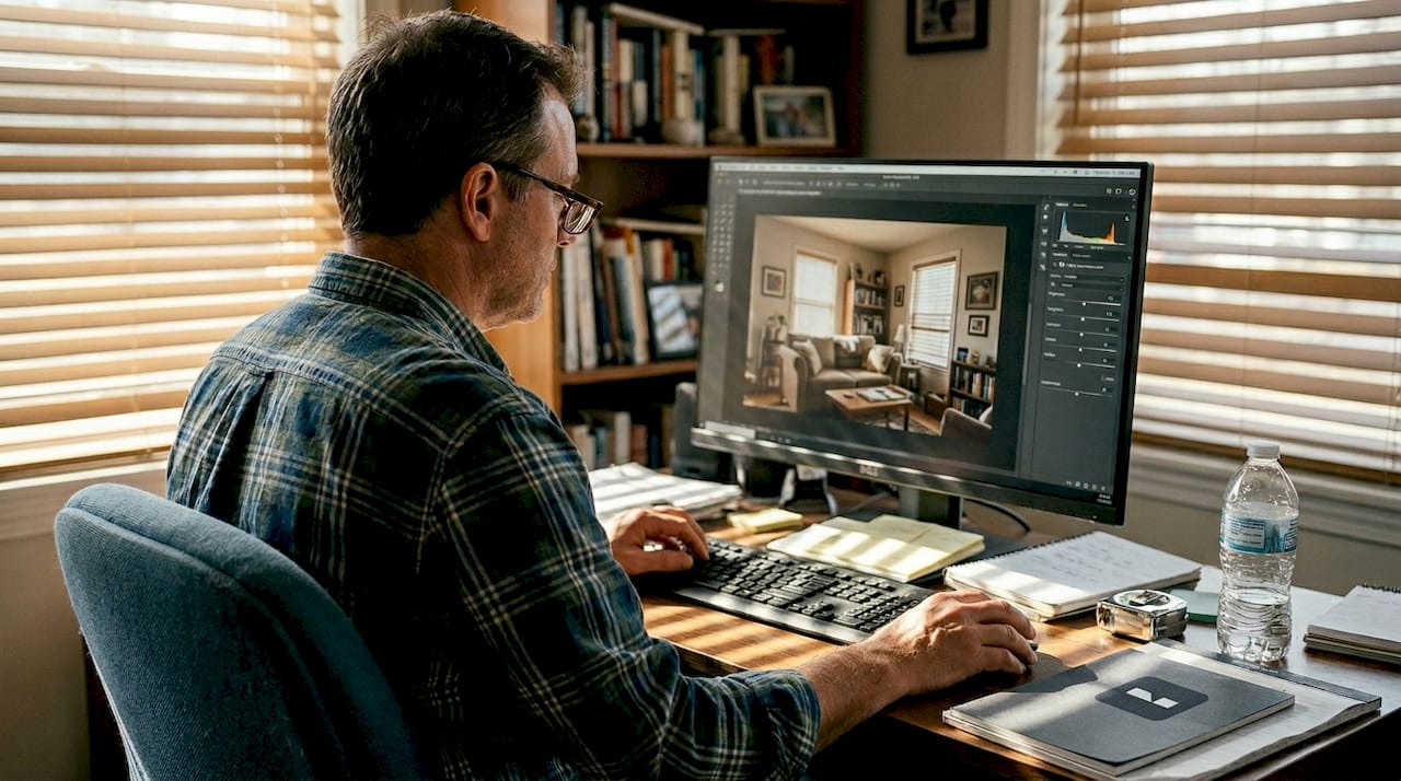 Man editing interior photo brightness on PC