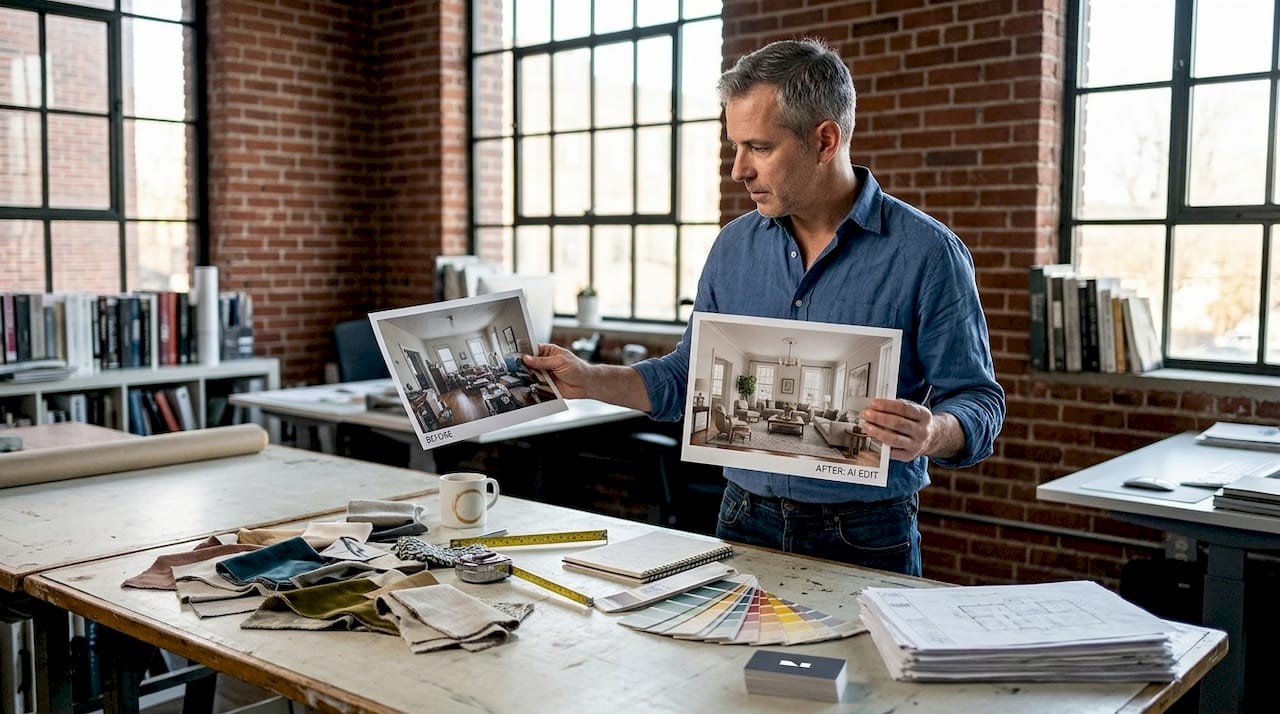 Interior designer reviewing AI edited images