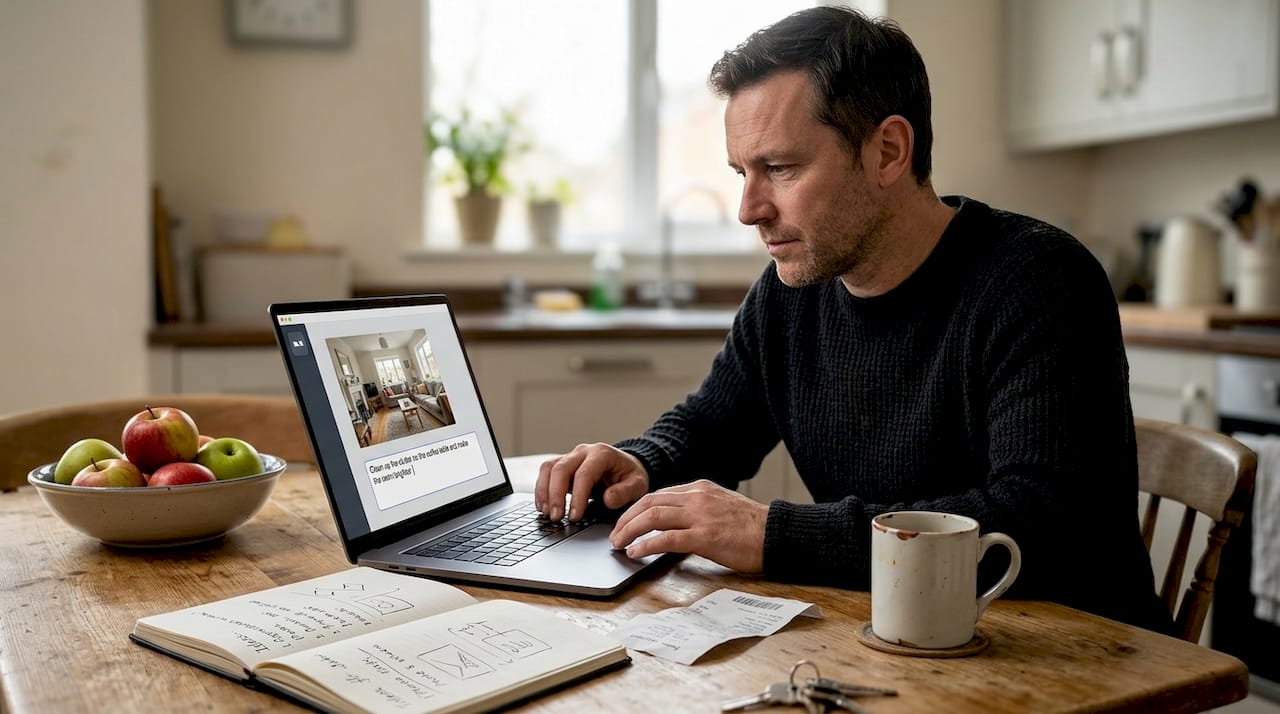 Man uploads and edits photo at table