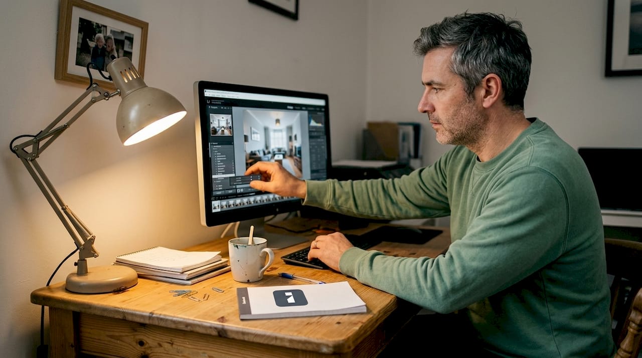 Man edits room photo at home desk setup