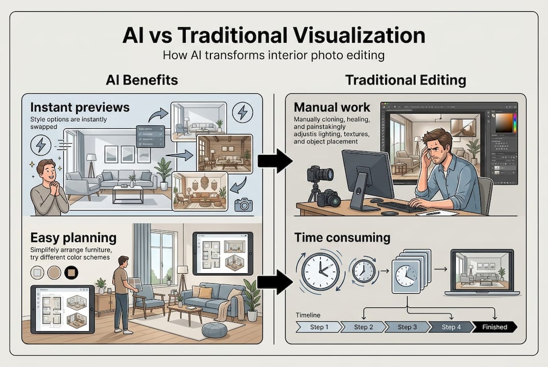 Infographic showing AI vs traditional interior editing