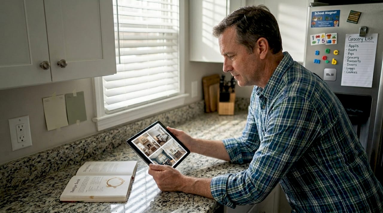 Man reviewing AI renovation options in kitchen