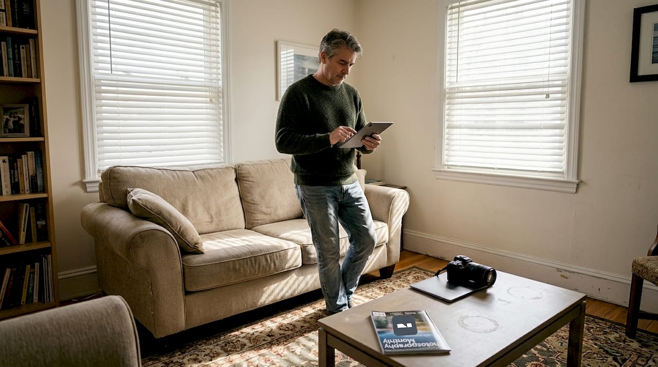 Homeowner verifying edited interior photos