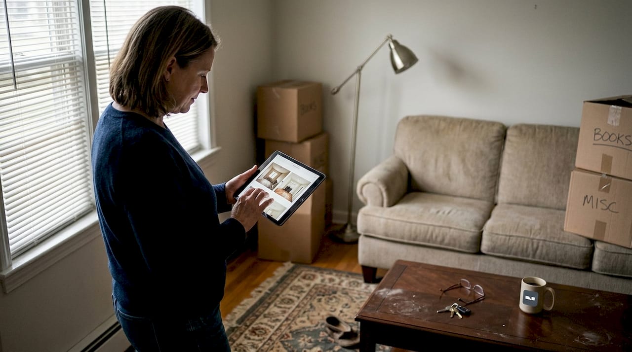 Homeowner viewing before-after living room photos