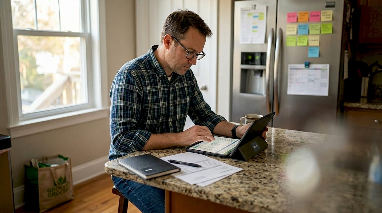 Man managing renovation budget at kitchen island