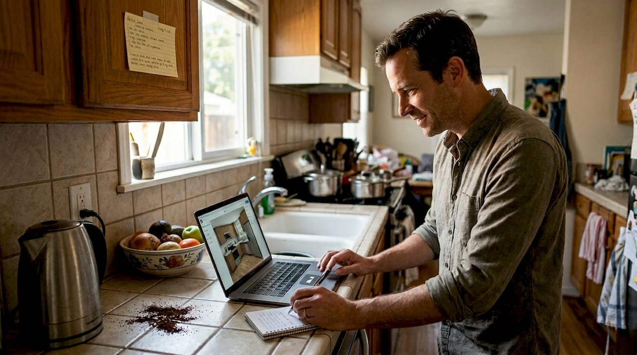 Man planning kitchen redesign with laptop