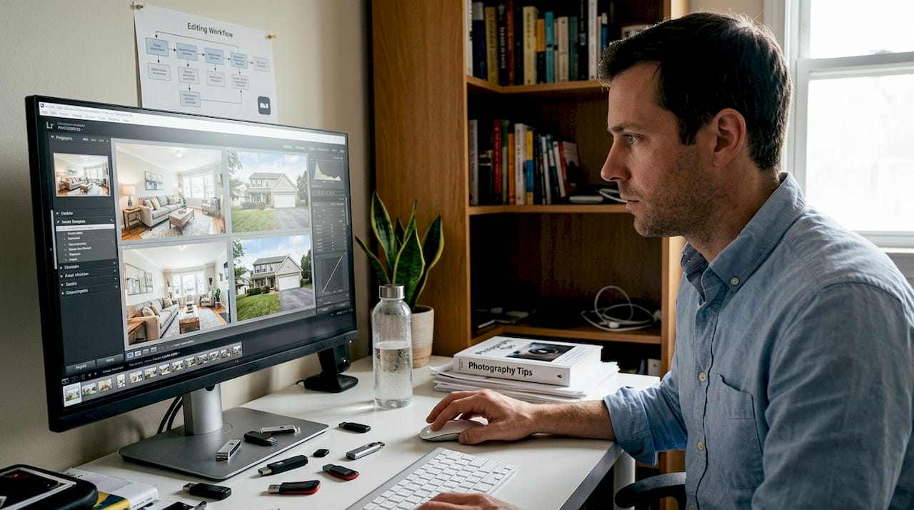 Man reviewing AI-enhanced property photos