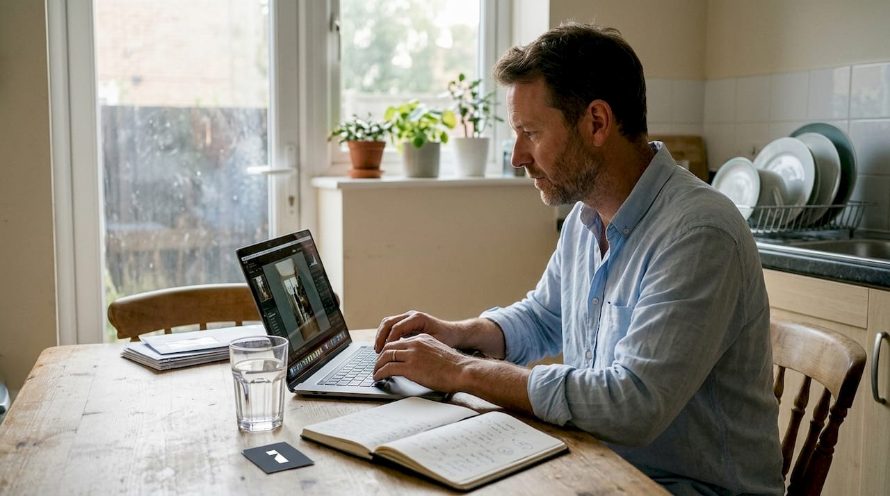 Agent using AI photo editing at kitchen table