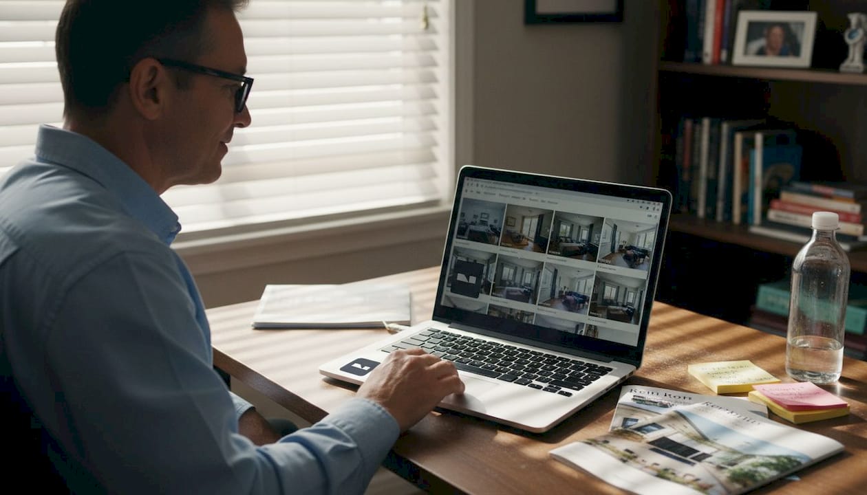 Man editing property photos with AI tools