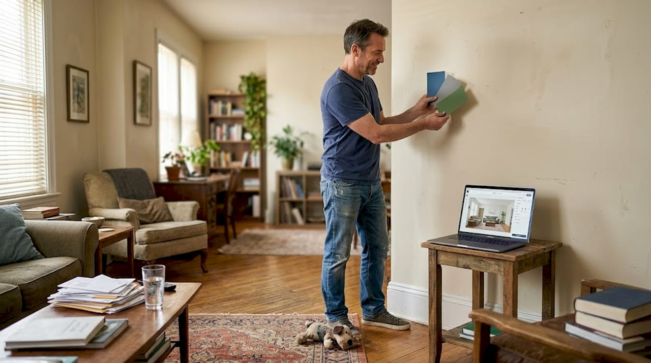 Man comparing wall colors in living room