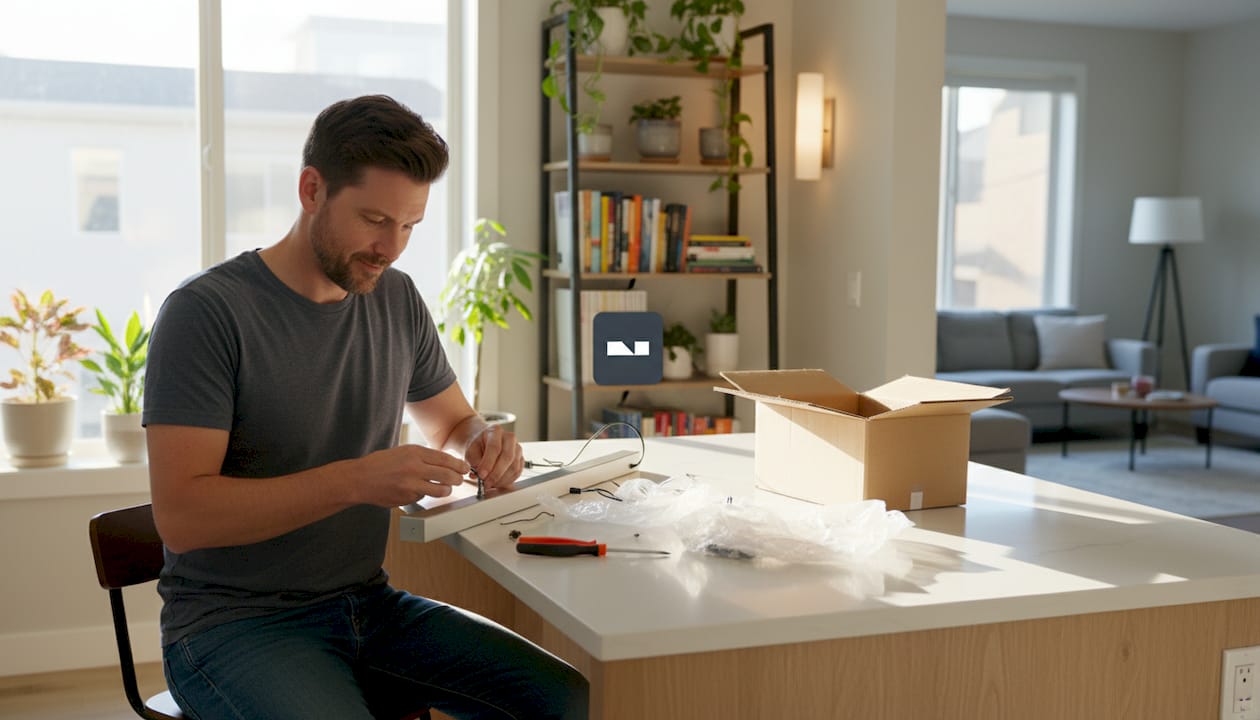 Man assembling apartment pendant light fixture