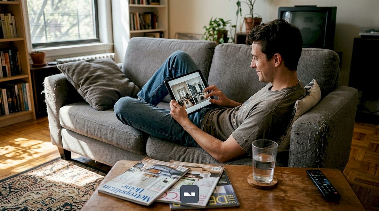 Man viewing AI living room redesign