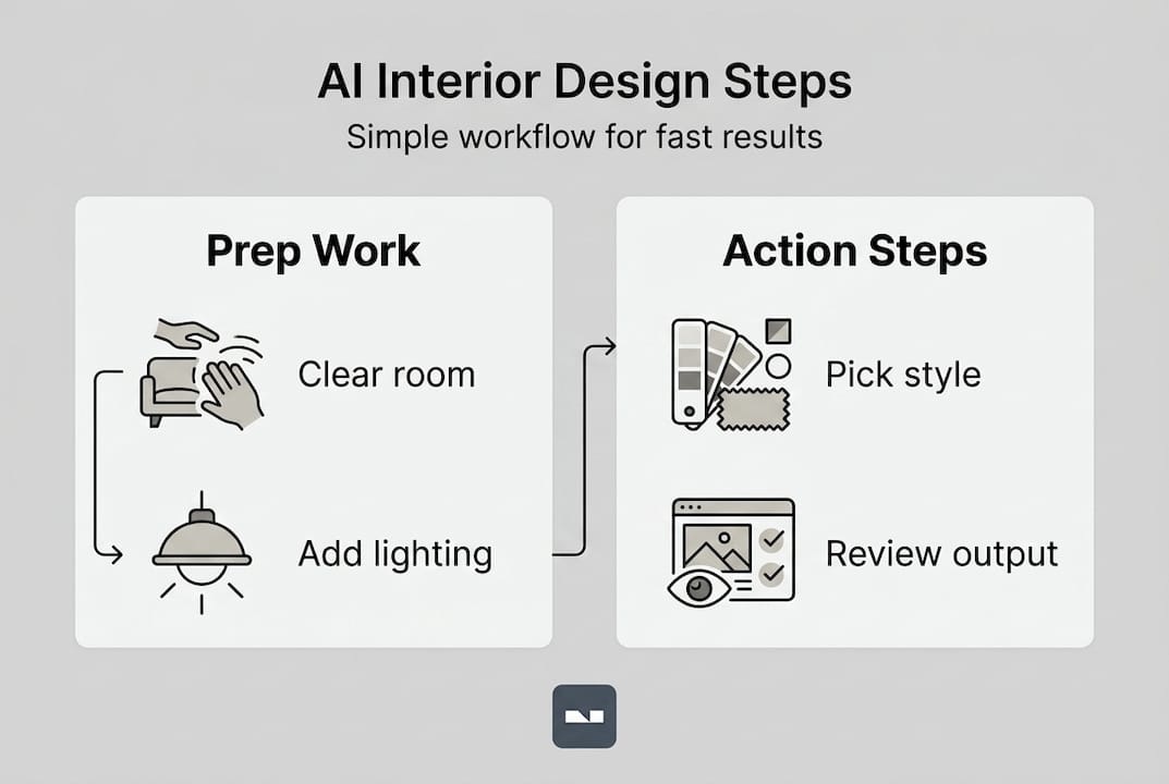 Infographic showing steps for AI interior design workflow