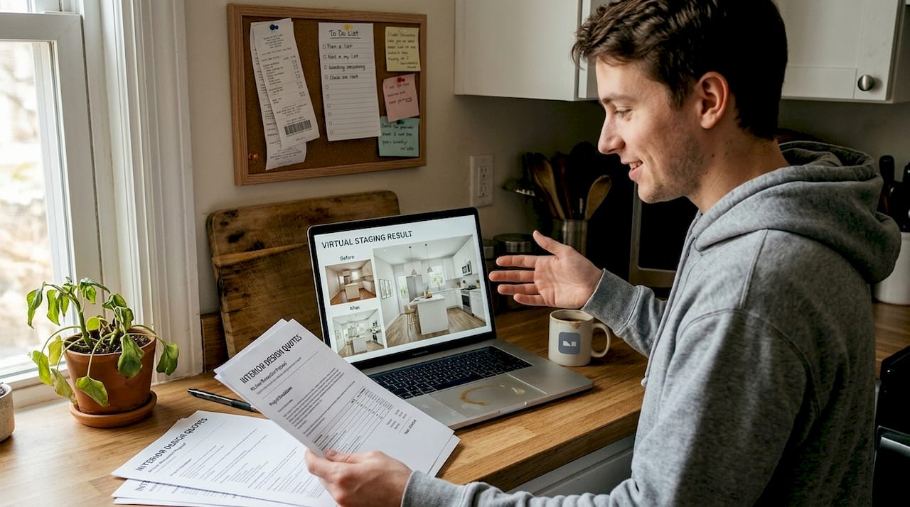 Homeowner comparing staging costs at kitchen counter
