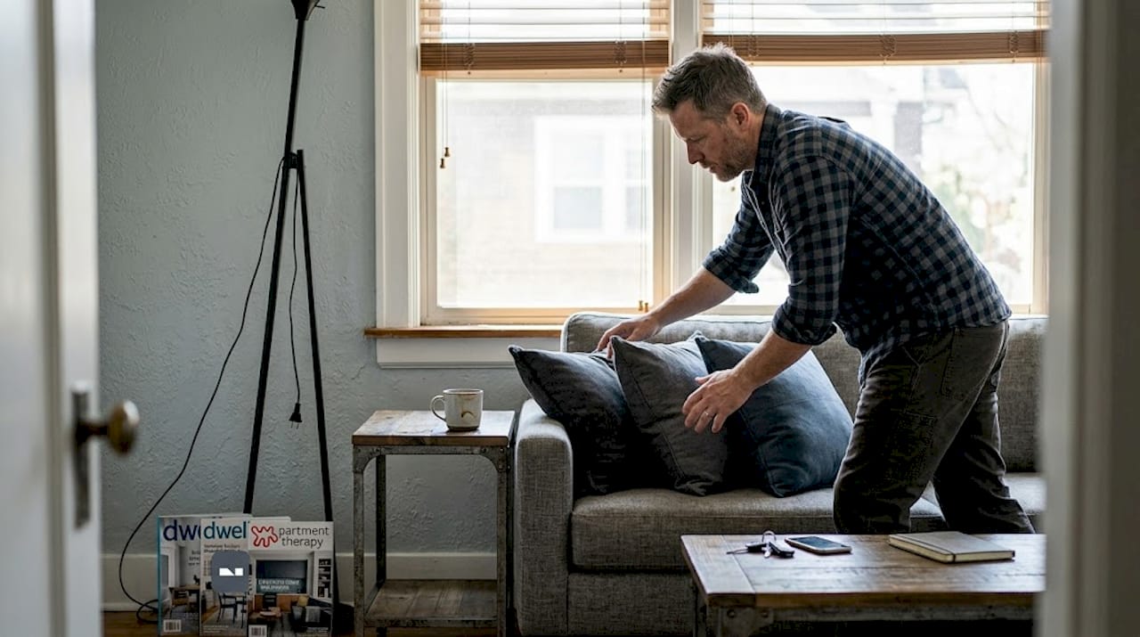 Man preparing living room for photo