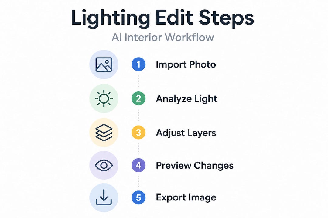 Infographic showing AI lighting edit workflow steps