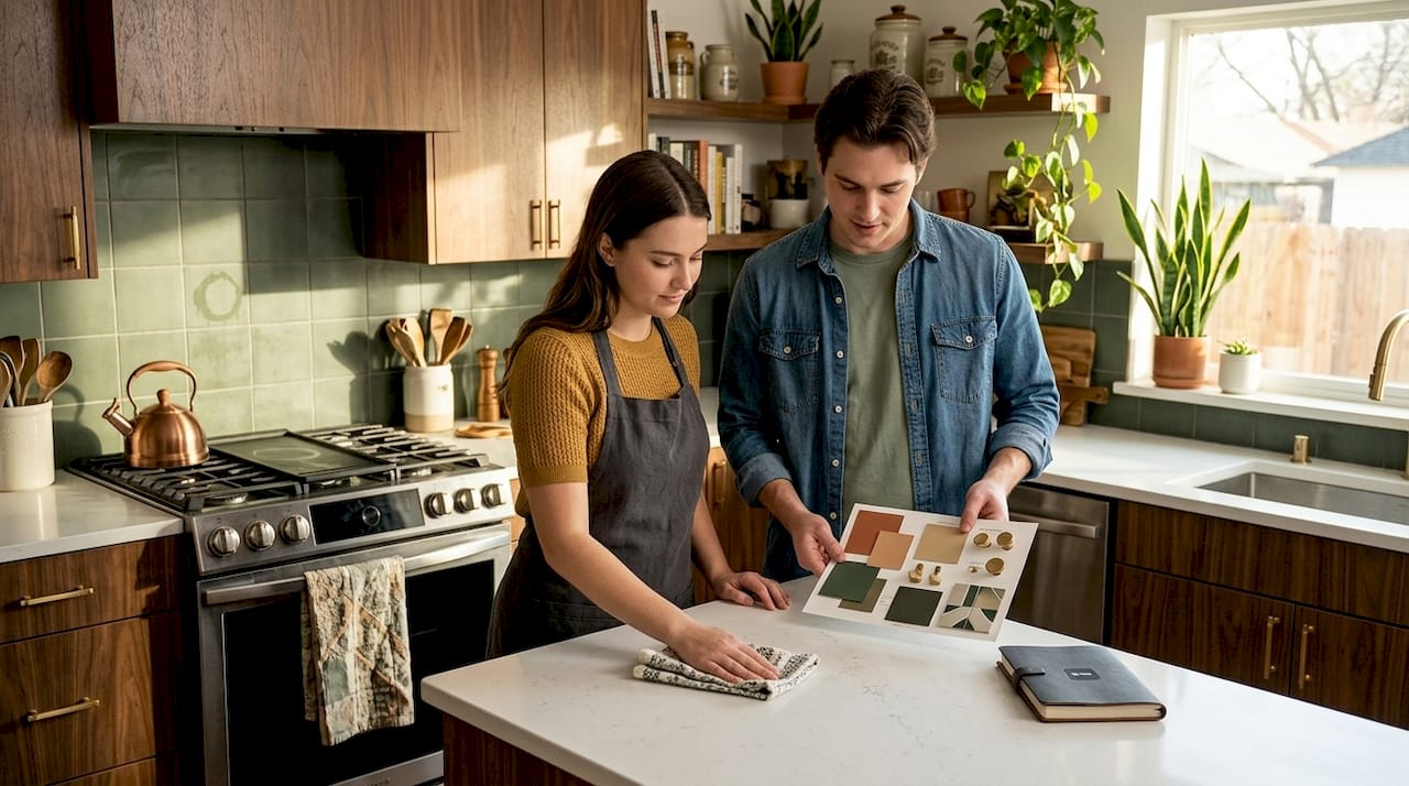 Couple updating kitchen with warm wood cabinetry