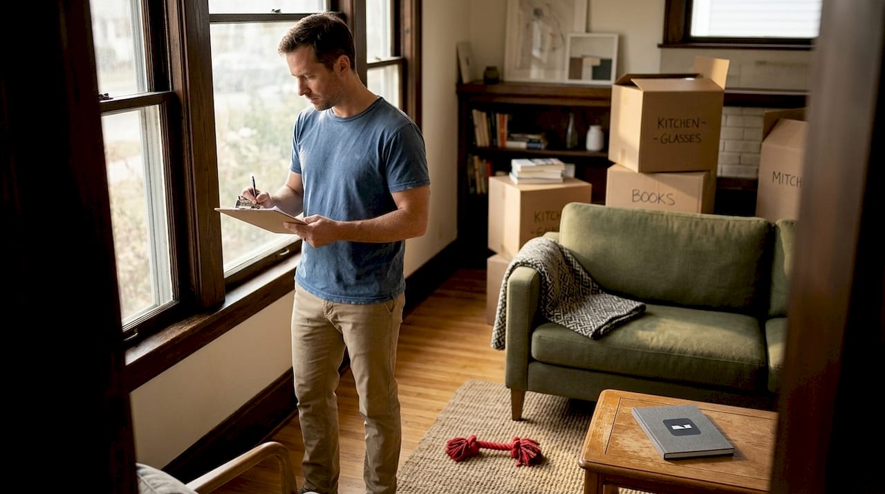 Man planning living room improvement checklist