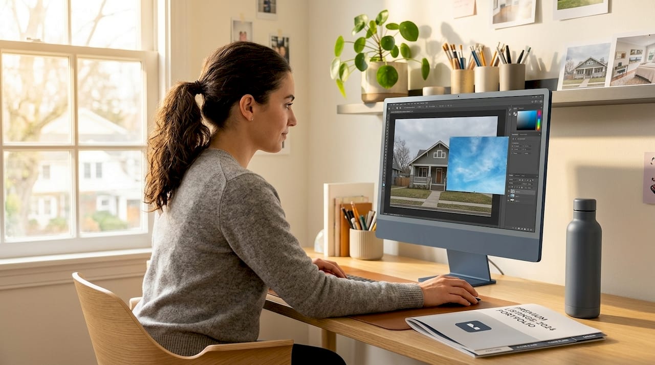 Agent editing sky in real estate image