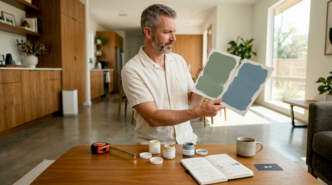 Man compares paint color undertones near window